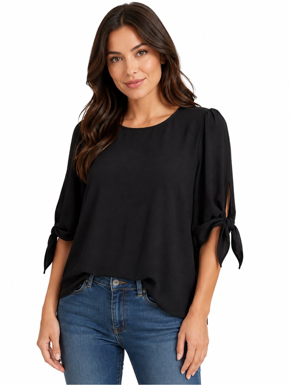 CeCe Black Tie Sleeve Blouse XL Split Sleeve Keyhole Back, EUC